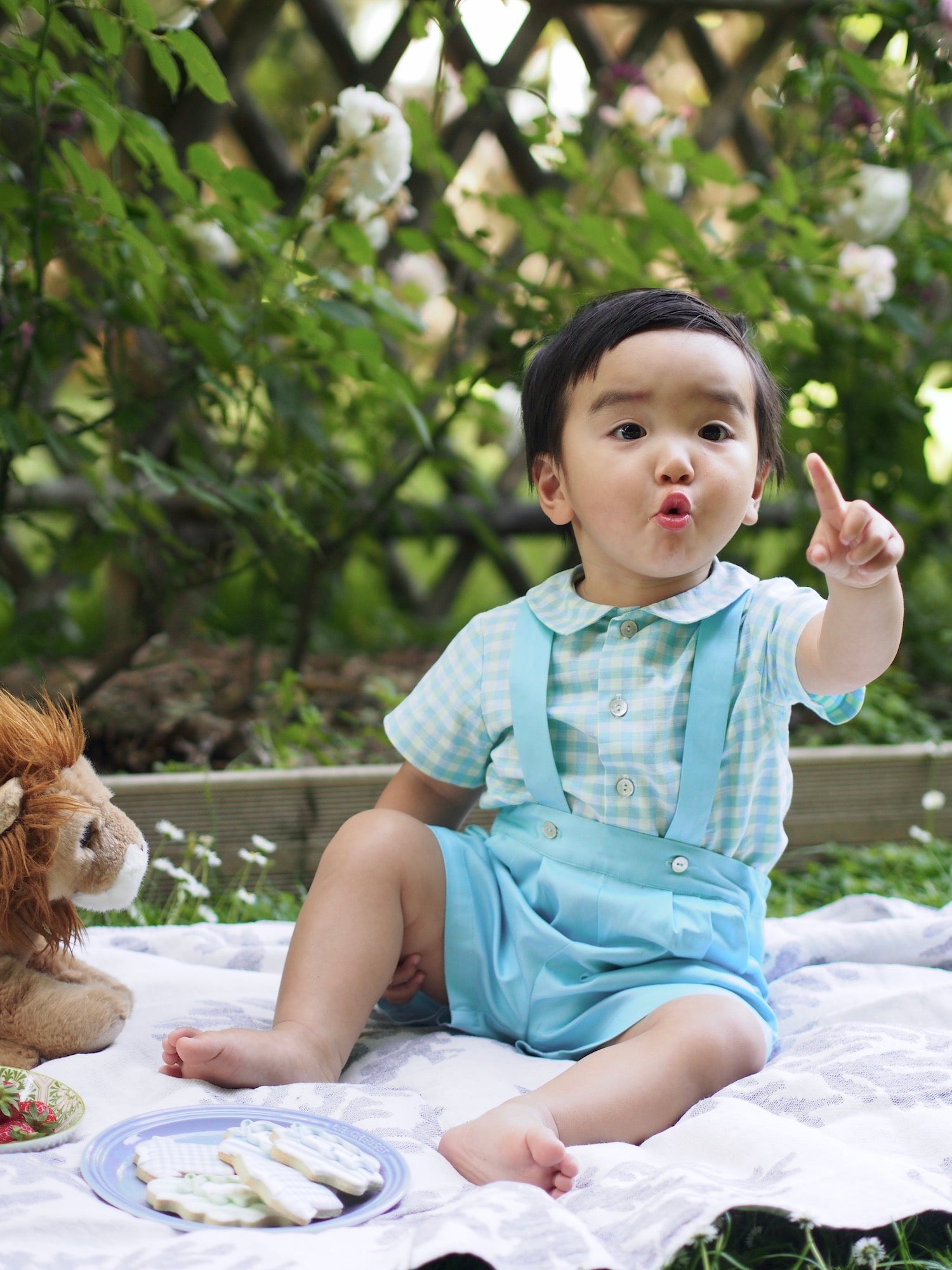baby boy summer picnic party, seafoam and blue outfit